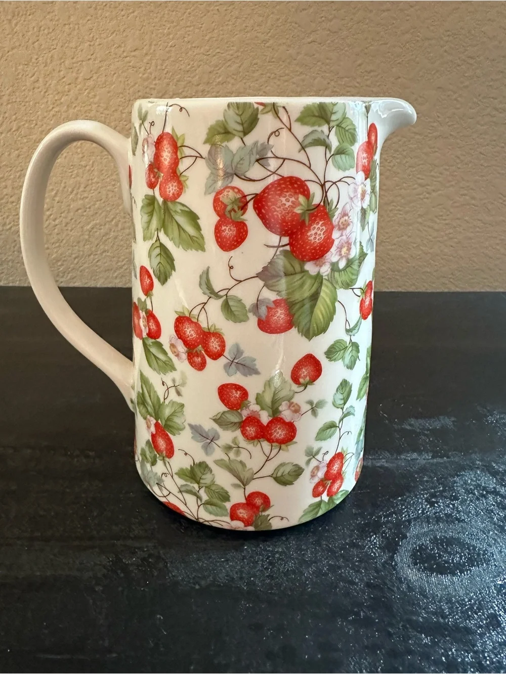 Pier 1 Grace Fine Strawberry Pattern Ceramic Pitcher in Red and Green